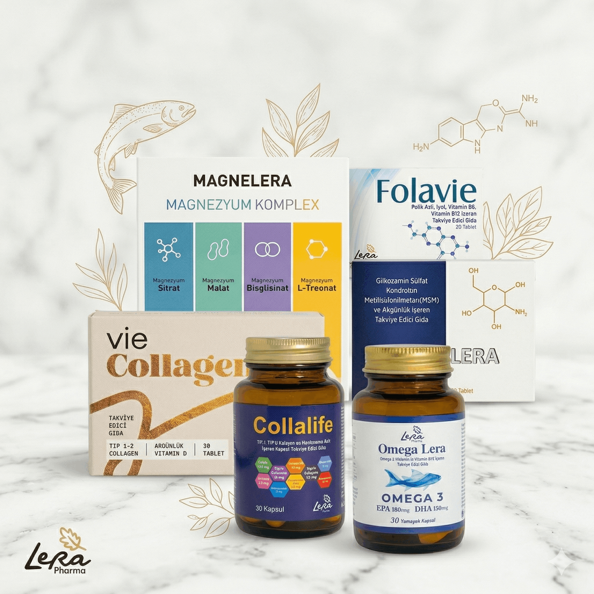 Lera Pharma ürün ailesi – Magnelera, Folavie, Collalife, Omega Lera, Vie Collagen